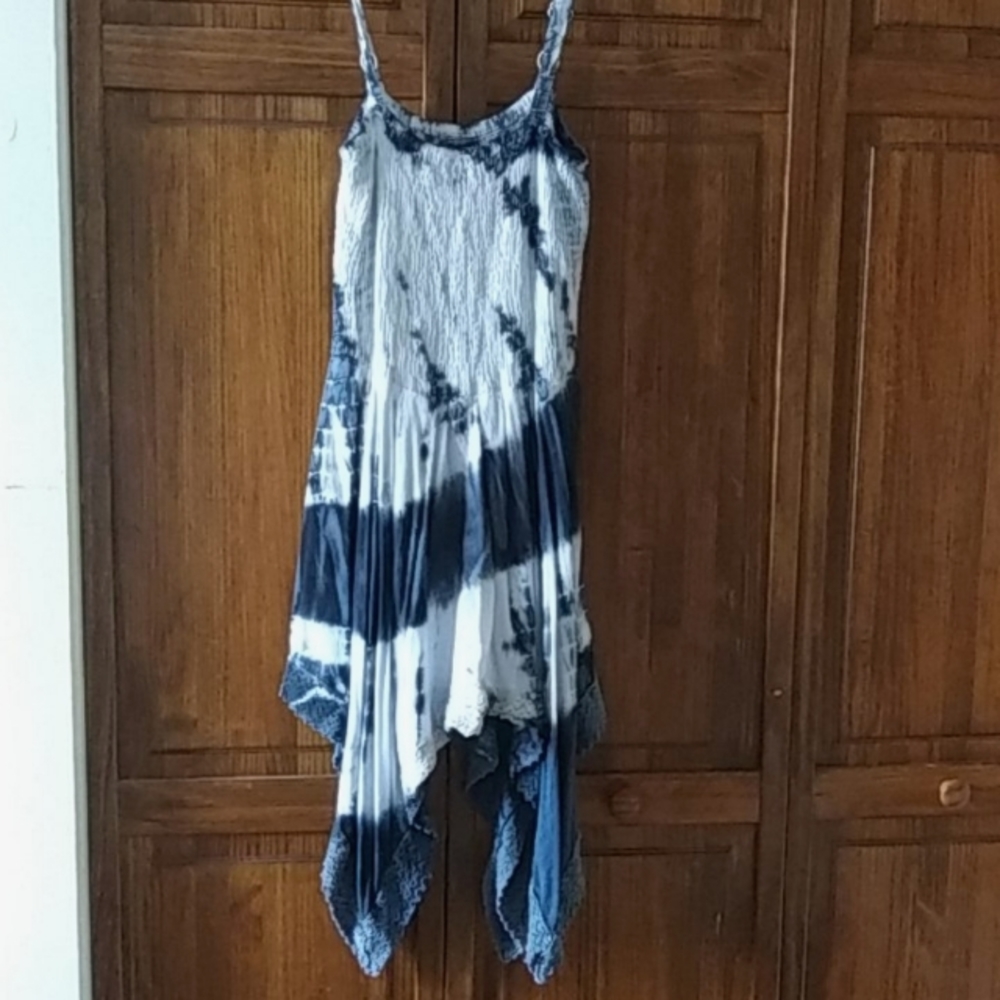 LSI Blue & White High & Low Spaghetti Strap Dress